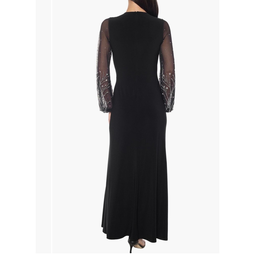 Marina Black Embellished Sheer Sleeve V-Neck Gown Slit Formal Dress Size S - Picture 2 of 10